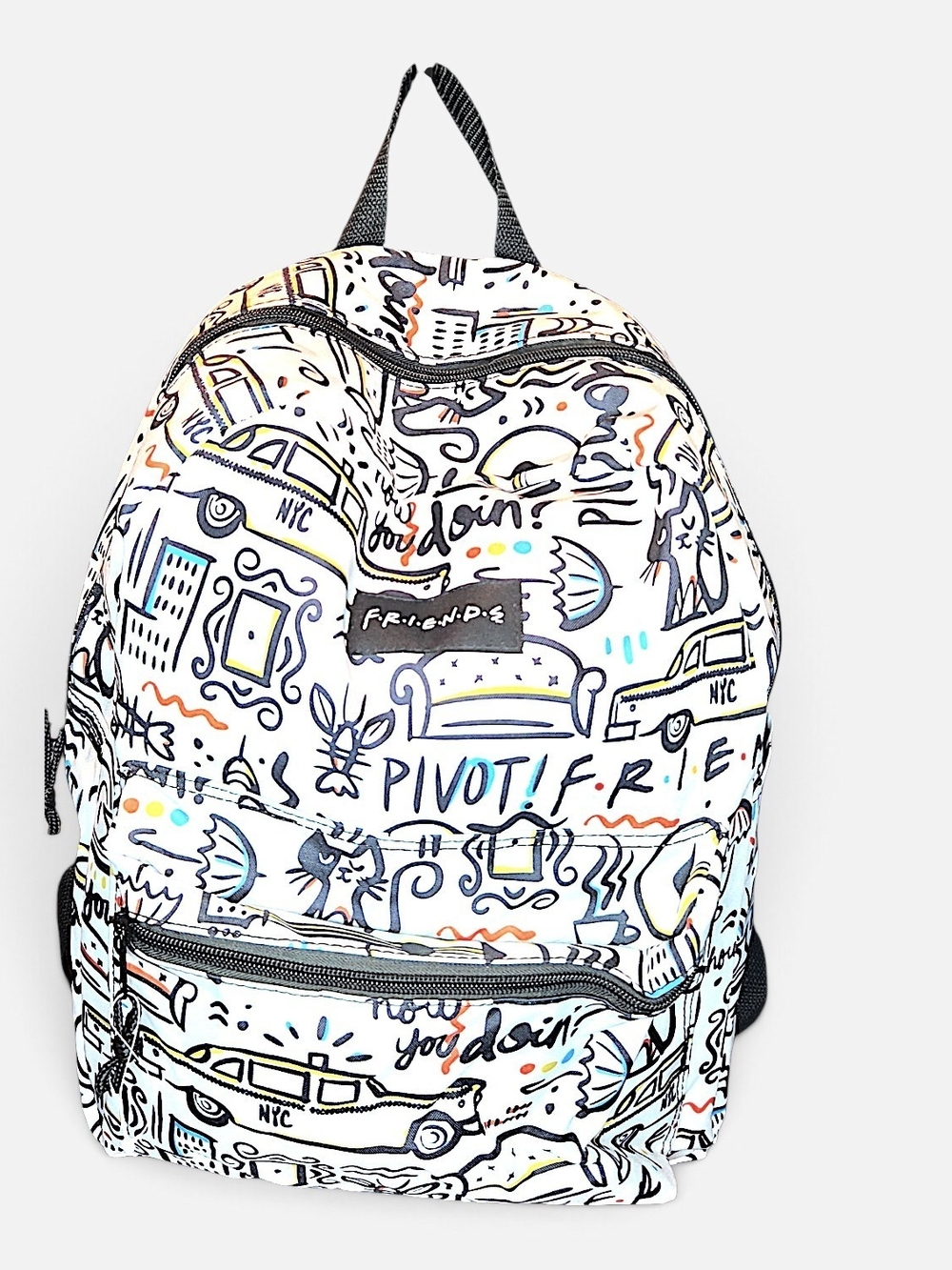 FRIENDS White Graphic Backpack with Multicolor Doodle Accents
